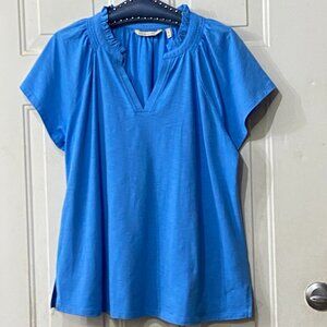 NEW Soft Surroundings Sz XL Knit Blouse Blue Short Sleeve Ruffle Neck